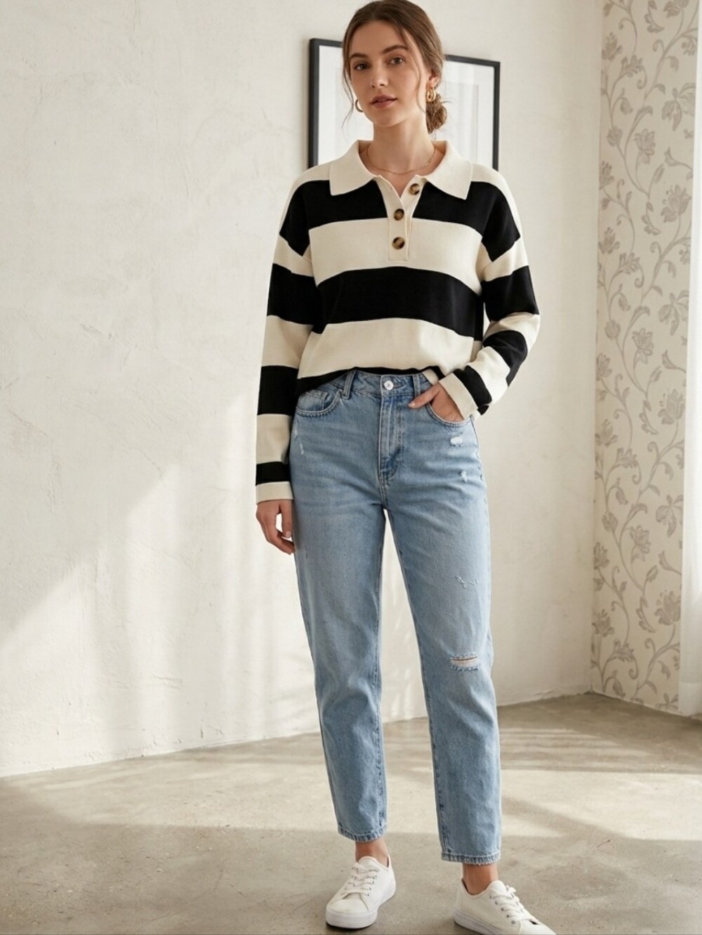 Coco & Shay Black and White Striped Polo Sweater